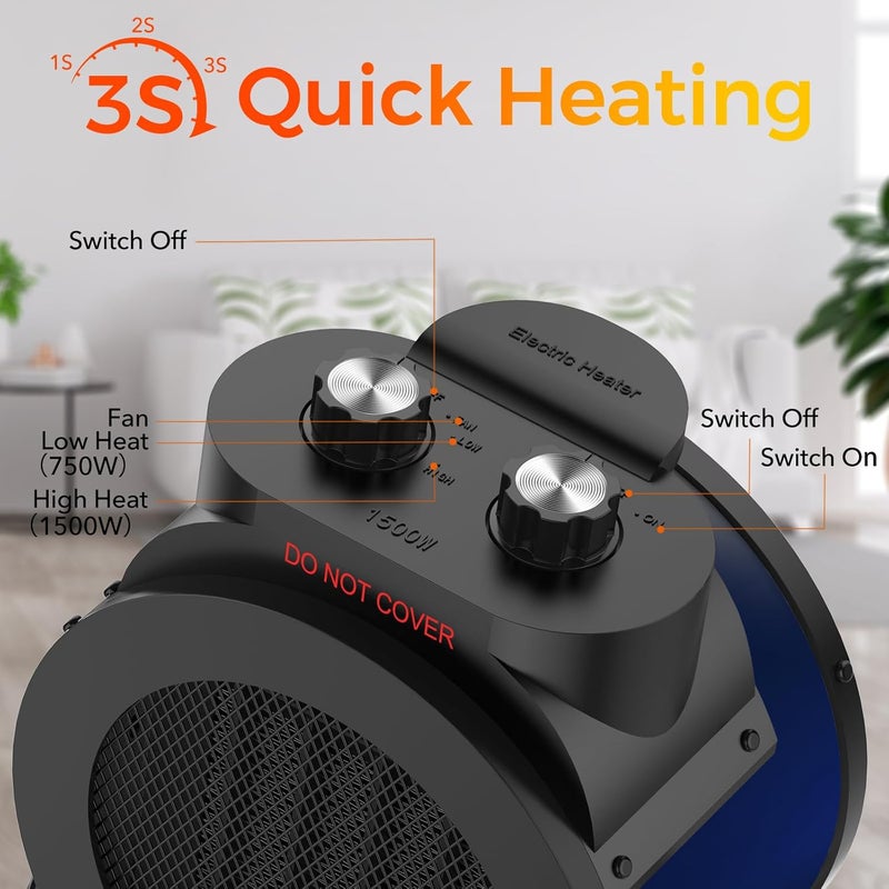 Elevoke Space Heaters for Indoor Use, 1500W PTC Electric Heater with 90°Adjustable Angle, Fast Safety Heat, Small Portable Heater for Office Home (Blue) - Image 2